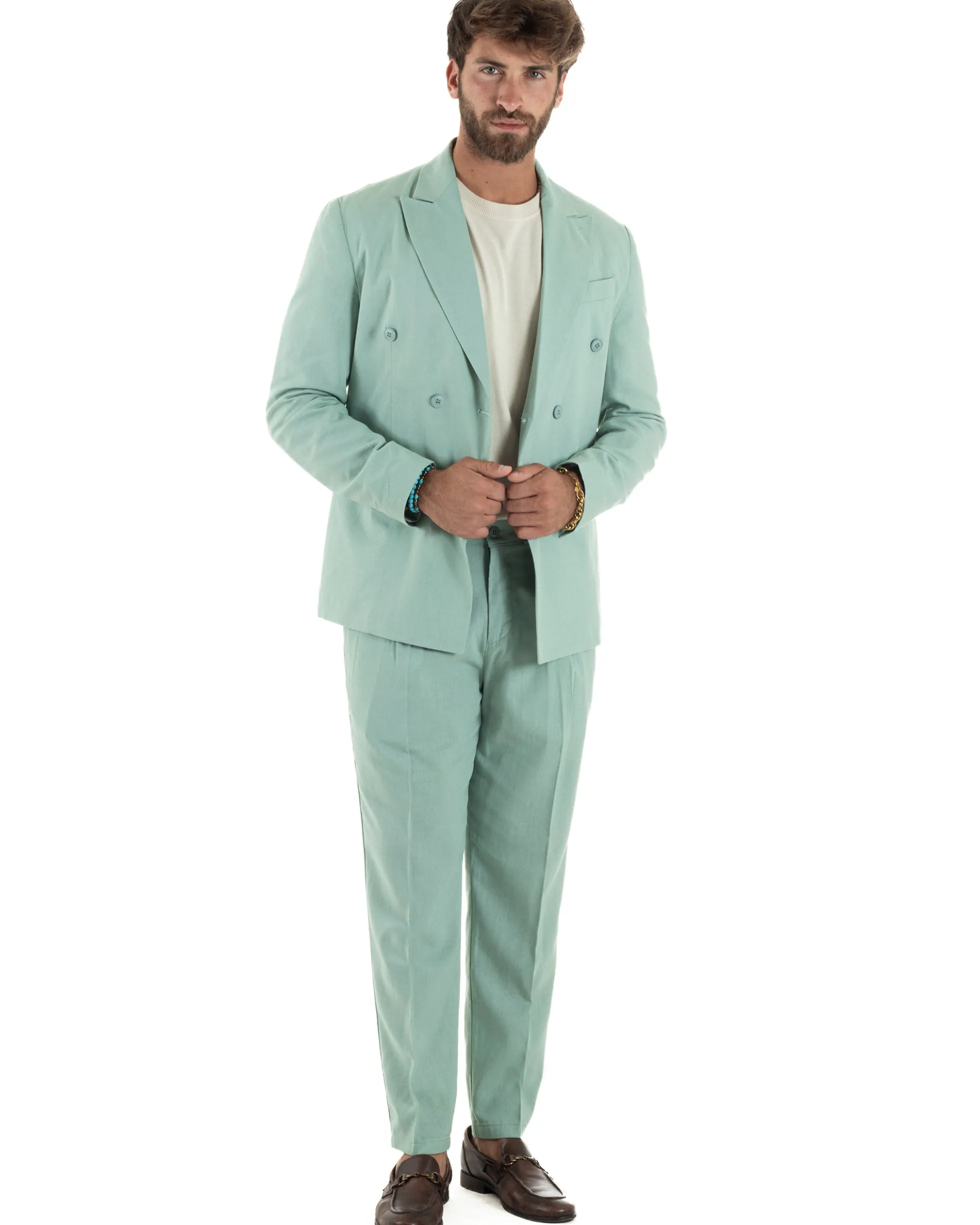 Abito lino uomo vestito doppiopetto sartoriale verde acqua AE1168A