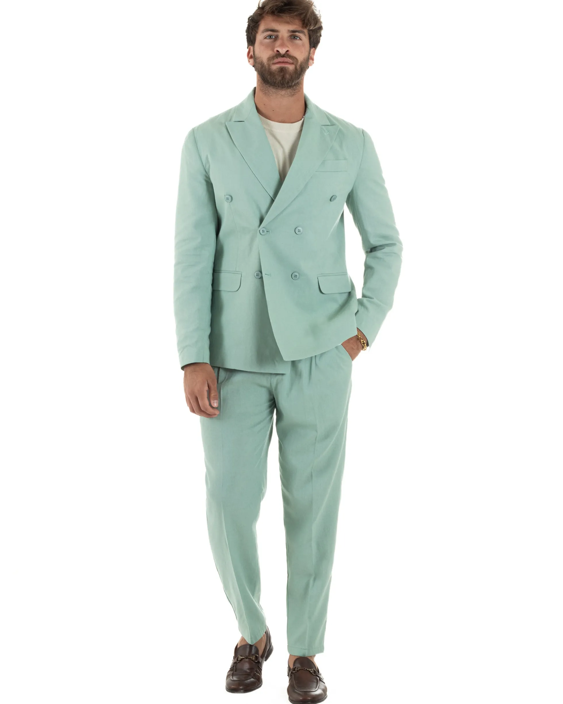 Abito lino uomo vestito doppiopetto sartoriale verde acqua AE1168A