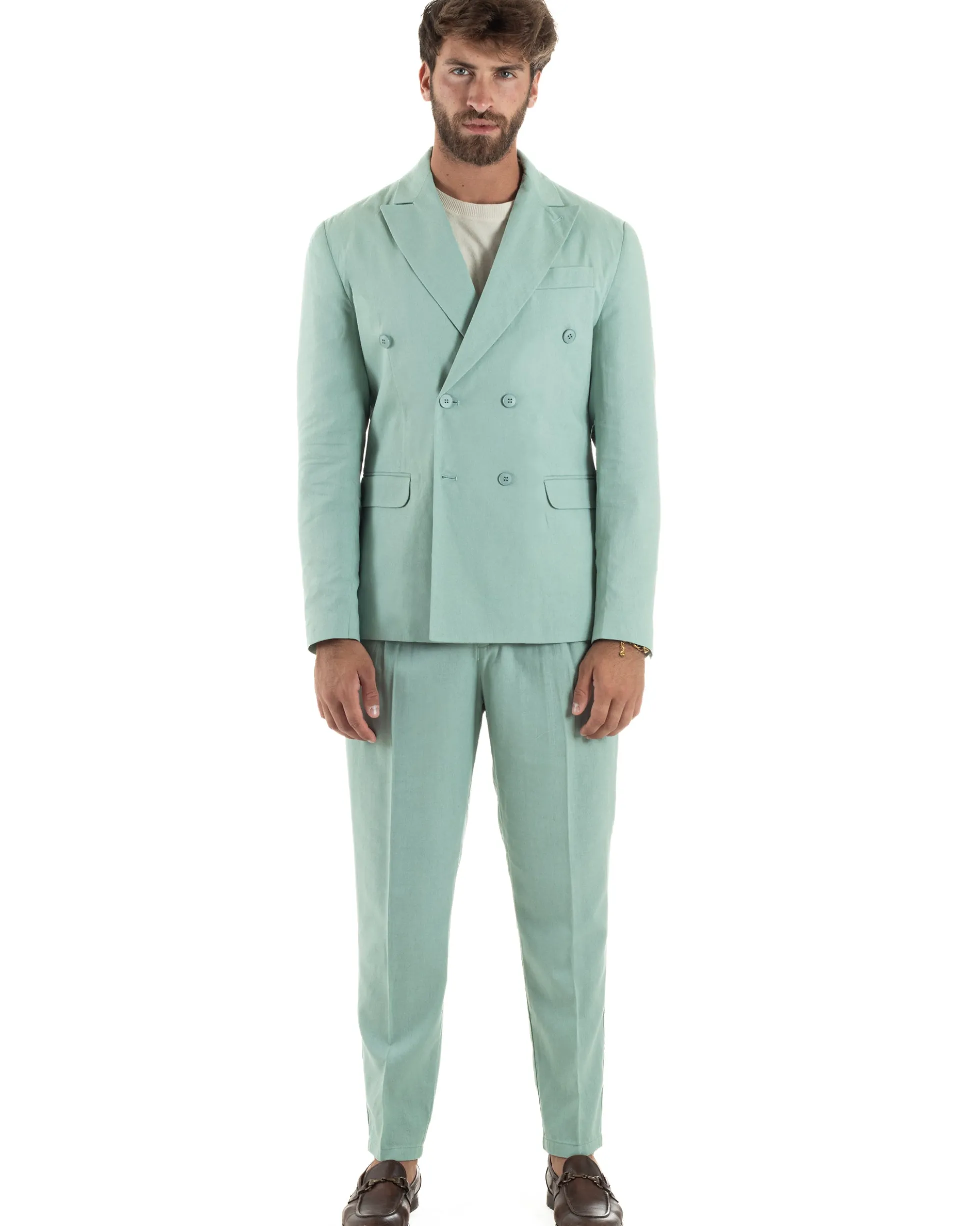 Abito lino uomo vestito doppiopetto sartoriale verde acqua AE1168A