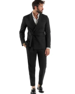 Abito uomo completo doppiopetto rever scialle cintura pantaloni pinces nero BlackSunday AE1245A