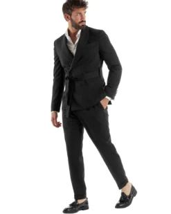 Abito uomo completo doppiopetto rever scialle cintura pantaloni pinces nero BlackSunday AE1245A