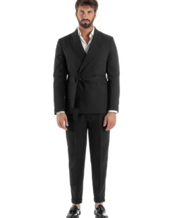 Abito uomo completo doppiopetto rever scialle cintura pantaloni pinces nero BlackSunday AE1245A