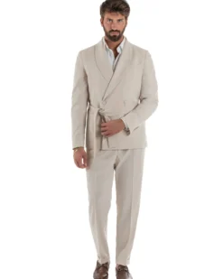 Abito uomo completo doppiopetto rever scialle cintura pantaloni pinces beige BlackSunday AE1246A