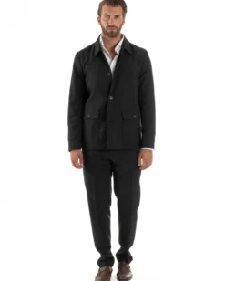 Abito Uomo Completo Giacca Sahariana Pantaloni Nero AE1146A