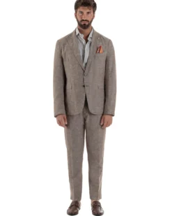 Abito uomo completo lino giacca monopetto pantaloni pinces coulisse marrone BERNA M-261359