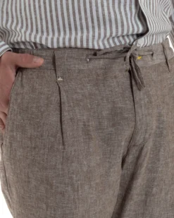 Abito uomo completo lino giacca monopetto pantaloni pinces coulisse marrone BERNA M-261359