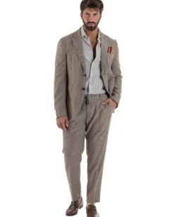 Abito uomo completo lino giacca monopetto pantaloni pinces coulisse marrone BERNA M-261359