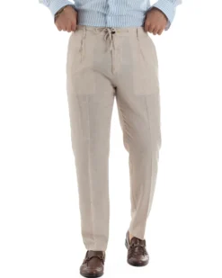 Abito uomo completo lino giacca monopetto pantaloni pinces coulisse beige BERNA M-261359