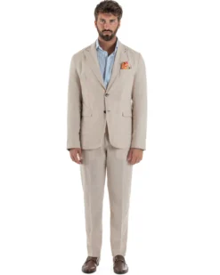Abito uomo completo lino giacca monopetto pantaloni pinces coulisse beige BERNA M-261359