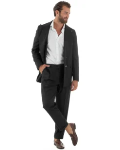 Abito Uomo Doppiopetto Bottoni In Metallo Completo Sartoriale Vestito Elegante Giacca Rever A Lancia Pantaloni Con Pinces Casual Nero GIOSAL-AE1138A