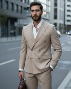 Abito uomo doppiopetto completo gessato giacca pantaloni bottoni metallo beige GIOSAL-AE1088A
