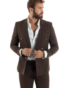 Abito uomo doppiopetto completo gessato giacca pantaloni bottoni metallo marrone GIOSAL-AE1101A