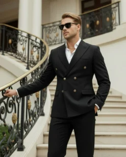 Abito uomo doppiopetto completo giacca pantaloni bottoni metallo nero melangiato elegante GIOSAL-AE1081A