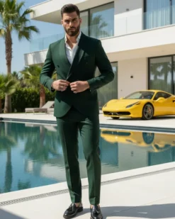 Abito Uomo Doppiopetto Quattro Bottoni Vestito Completo Smoking Rever Sciallato Raso Verde AE1111A