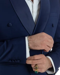 Abito Uomo Doppiopetto Quattro Bottoni Vestito Completo Smoking Rever Sciallato Raso Blu AE1112A