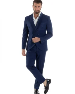 Abito Uomo Doppiopetto Quattro Bottoni Vestito Completo Smoking Rever Sciallato Raso Blu AE1112A