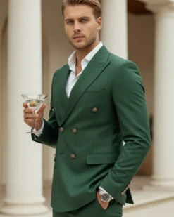 Abito Uomo Doppiopetto Vestito Completo Giacca Pantaloni Bottoni Metallo Verde Melangiato AE1057A