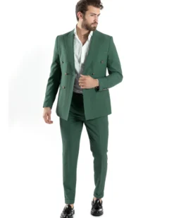 Abito Uomo Doppiopetto Vestito Completo Giacca Pantaloni Bottoni Metallo Verde Melangiato AE1057A