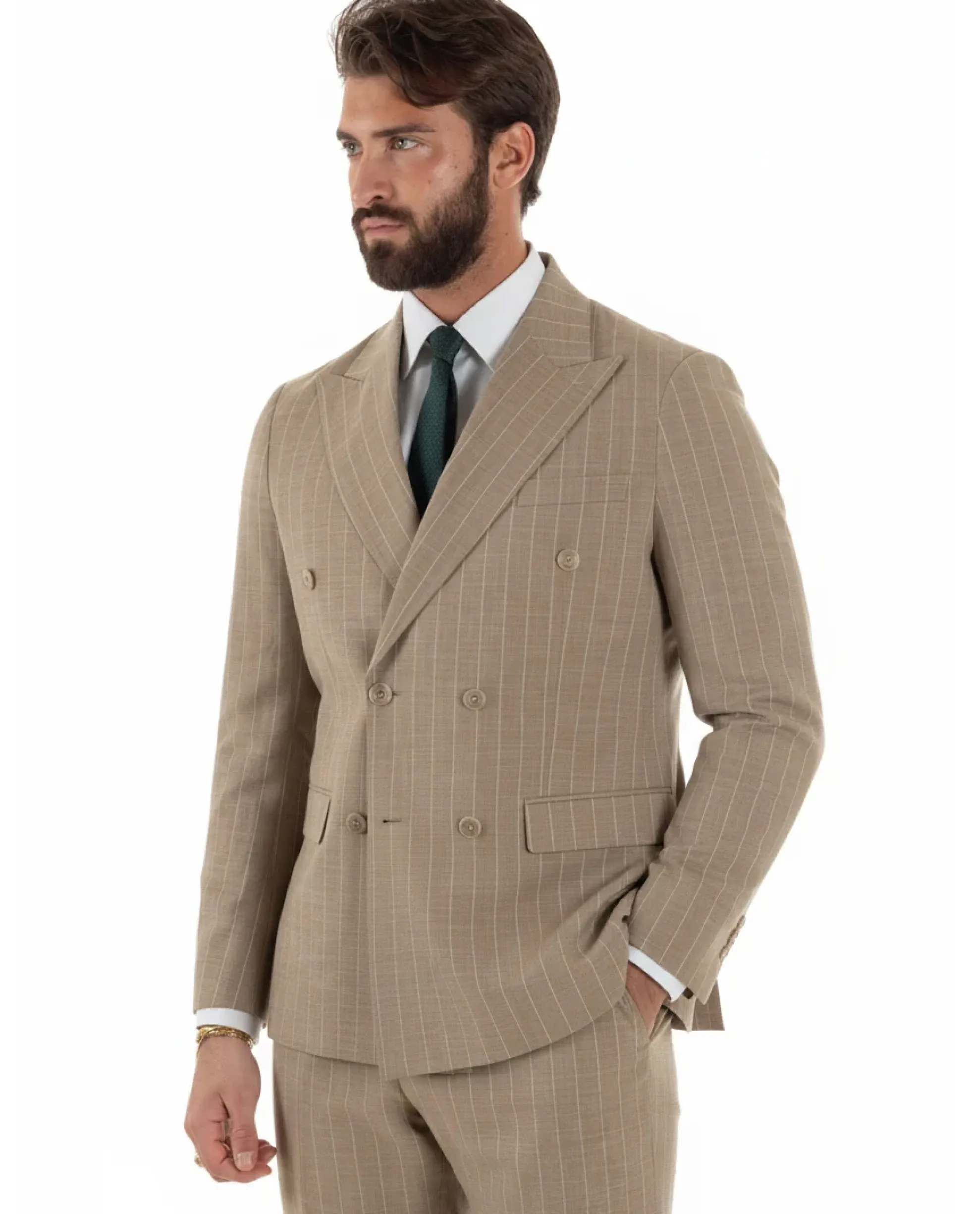 Abito uomo doppiopetto vestito gessato sartoriale rigato beige GIOSAL-AE1215A