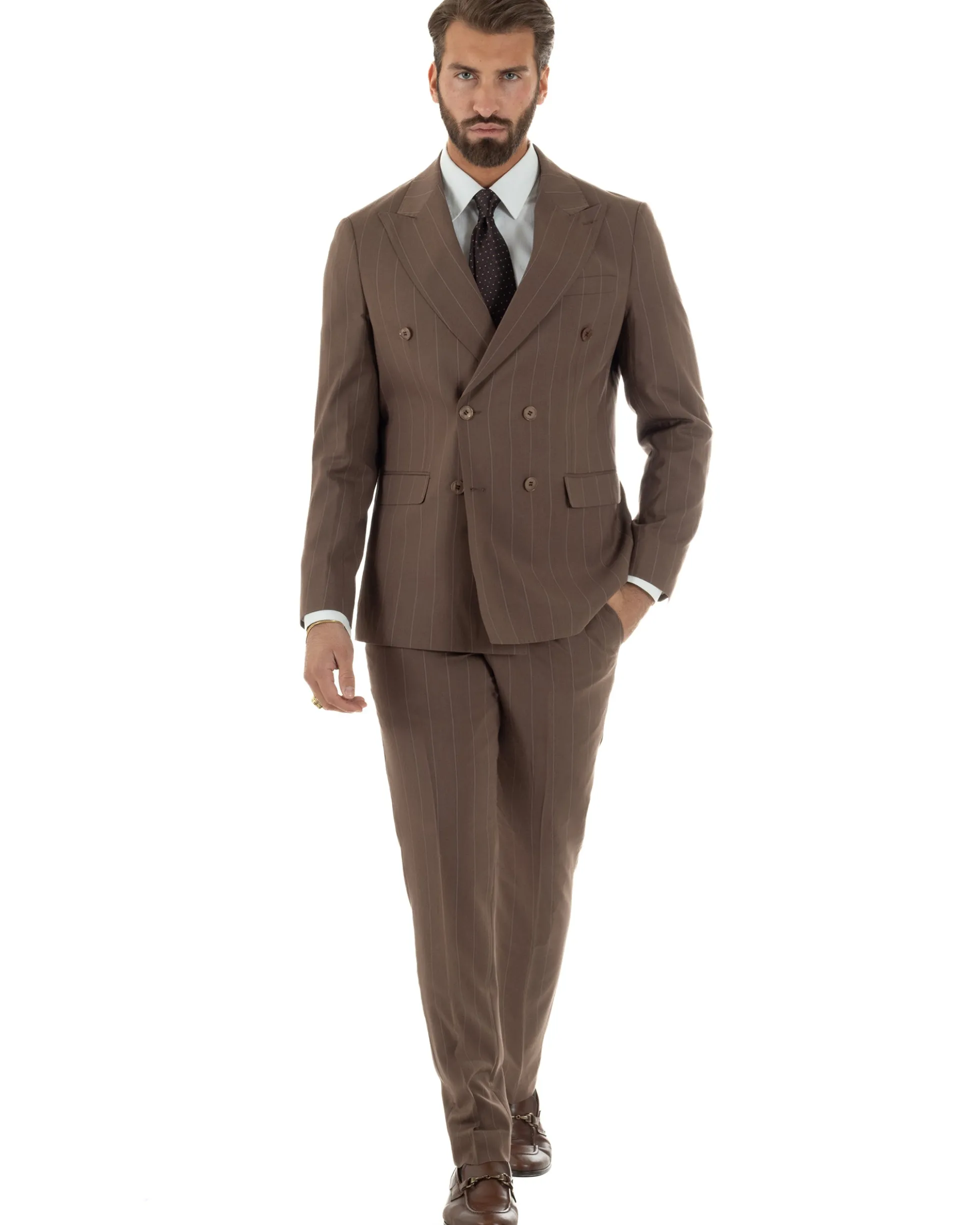 Abito uomo doppiopetto vestito gessato sartoriale rigato sottile marrone GIOSAL-AE1240A