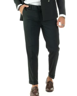 Abito Uomo Doppiopetto Vestito Completo Rigato Giacca Pantaloni Bottoni Metallo Fantasia Gessata Verde AE1089A