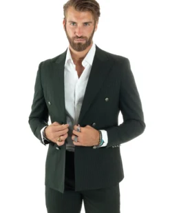 Abito Uomo Doppiopetto Vestito Completo Rigato Giacca Pantaloni Bottoni Metallo Fantasia Gessata Verde AE1089A