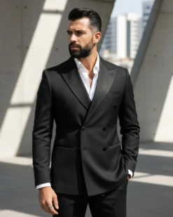 Abito Uomo Doppiopetto Vestito Completo Giacca Rever In Raso Pantaloni Smoking Nero AE1051A