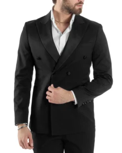 Abito Uomo Doppiopetto Vestito Completo Giacca Rever In Raso Pantaloni Smoking Nero AE1051A