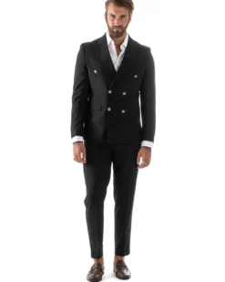Abito Uomo Doppiopetto Vestito Completo Rigato Giacca Pantaloni Bottoni Metallo Fantasia Gessata Nero AE1103A