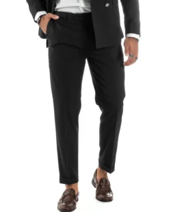 Abito Uomo Doppiopetto Vestito Completo Rigato Giacca Pantaloni Bottoni Metallo Fantasia Gessata Nero AE1103A
