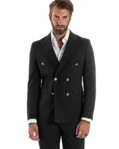 Abito Uomo Doppiopetto Vestito Completo Rigato Giacca Pantaloni Bottoni Metallo Fantasia Gessata Nero AE1103A