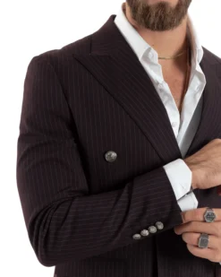 Abito Uomo Doppiopetto Vestito Completo Rigato Giacca Pantaloni Bottoni Metallo Fantasia Gessata Bordeaux AE1102A