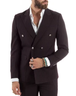 Abito Uomo Doppiopetto Vestito Completo Rigato Giacca Pantaloni Bottoni Metallo Fantasia Gessata Bordeaux AE1102A