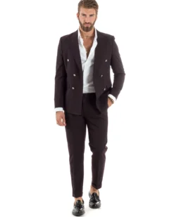Abito Uomo Doppiopetto Vestito Completo Rigato Giacca Pantaloni Bottoni Metallo Fantasia Gessata Bordeaux AE1102A