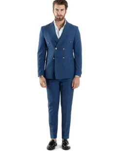 Abito Uomo Doppiopetto Vestito Completo Giacca Pantaloni Bottoni Metallo Blu Melangiato AE1056A