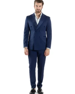 Abito Uomo Doppiopetto Vestito Completo Giacca Rever In Raso Pantaloni Smoking Blu AE1050A