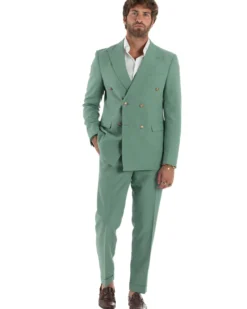 Abito Uomo Doppiopetto Vestito Completo Giacca Pantaloni Bottoni Metallo Verde Salvia AE1162A