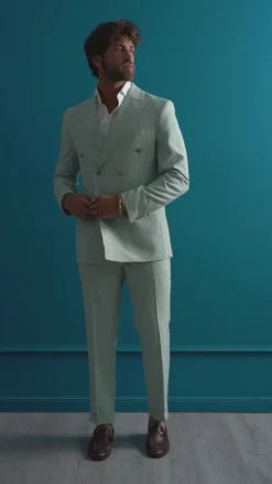 Abito Uomo Doppiopetto Vestito Completo Giacca Pantaloni Bottoni Metallo Verde Salvia AE1162A