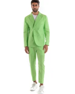 Abito Uomo Doppiopetto Vestito Lino Completo Giacca Pantaloni Tinta Unita Verde Acido Elegante Sartoriale Cerimonia GIOSAL-OU2133A