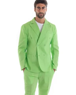 Abito Uomo Doppiopetto Vestito Lino Completo Giacca Pantaloni Tinta Unita Verde Acido Elegante Sartoriale Cerimonia GIOSAL-OU2133A