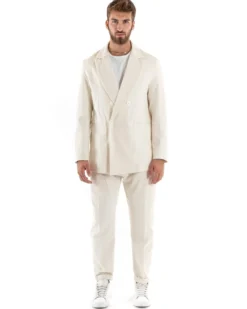 Abito Uomo Doppiopetto Vestito Velluto Completo Giacca Pantaloni Panna Elegante Cerimonia GIOSAL-OU2194A