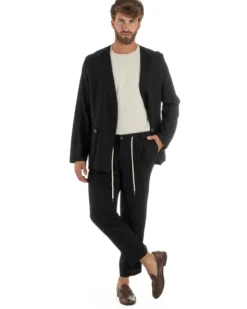 Abito uomo lino vestito giacca doppiopetto 2 bottoni scollo v pantaloni laccio nero GIOSAL-OU2521A
