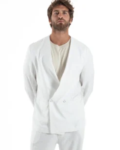 Abito uomo lino vestito giacca doppiopetto 2 bottoni scollo v pantaloni laccio bianco GIOSAL-OU2519A