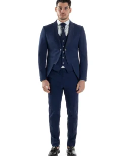 Abito Uomo Monopetto Cerimonia Rever Raso Lucido Vestito 3 Pezzi Panciotto Completo Sposo Panciotto Plastron Blu AE1144A