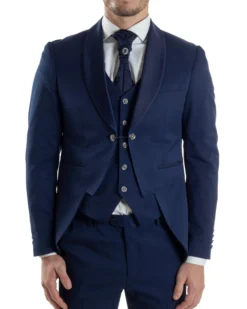 Abito Uomo Monopetto Cerimonia Rever Raso Lucido Vestito 3 Pezzi Panciotto Completo Sposo Panciotto Plastron Blu AE1144A