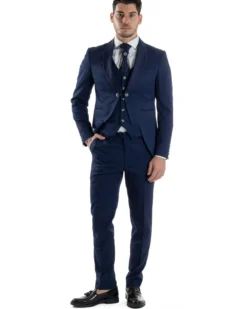 Abito Uomo Monopetto Cerimonia Rever Raso Lucido Vestito 3 Pezzi Panciotto Completo Sposo Panciotto Plastron Blu AE1144A