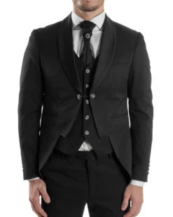 Abito Uomo Monopetto Cerimonia Rever Raso Lucido Vestito 3 Pezzi Panciotto Completo Sposo Panciotto Plastron Nero AE1143A