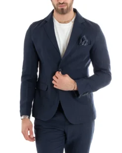 Abito Uomo Monopetto Completo Lino Sartoriale Giacca Pantaloni Blu GIOSAL-OU2324A