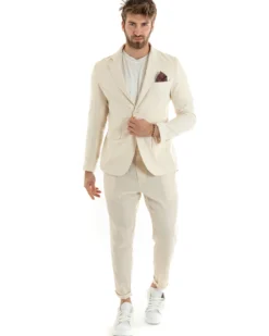 Abito Uomo Monopetto Completo Lino Sartoriale Giacca Pantaloni Beige GIOSAL-OU2322A