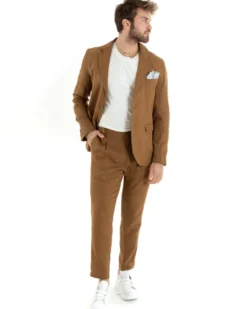 Abito Uomo Monopetto Completo Lino Sartoriale Giacca Pantaloni Camel GIOSAL-OU2327A